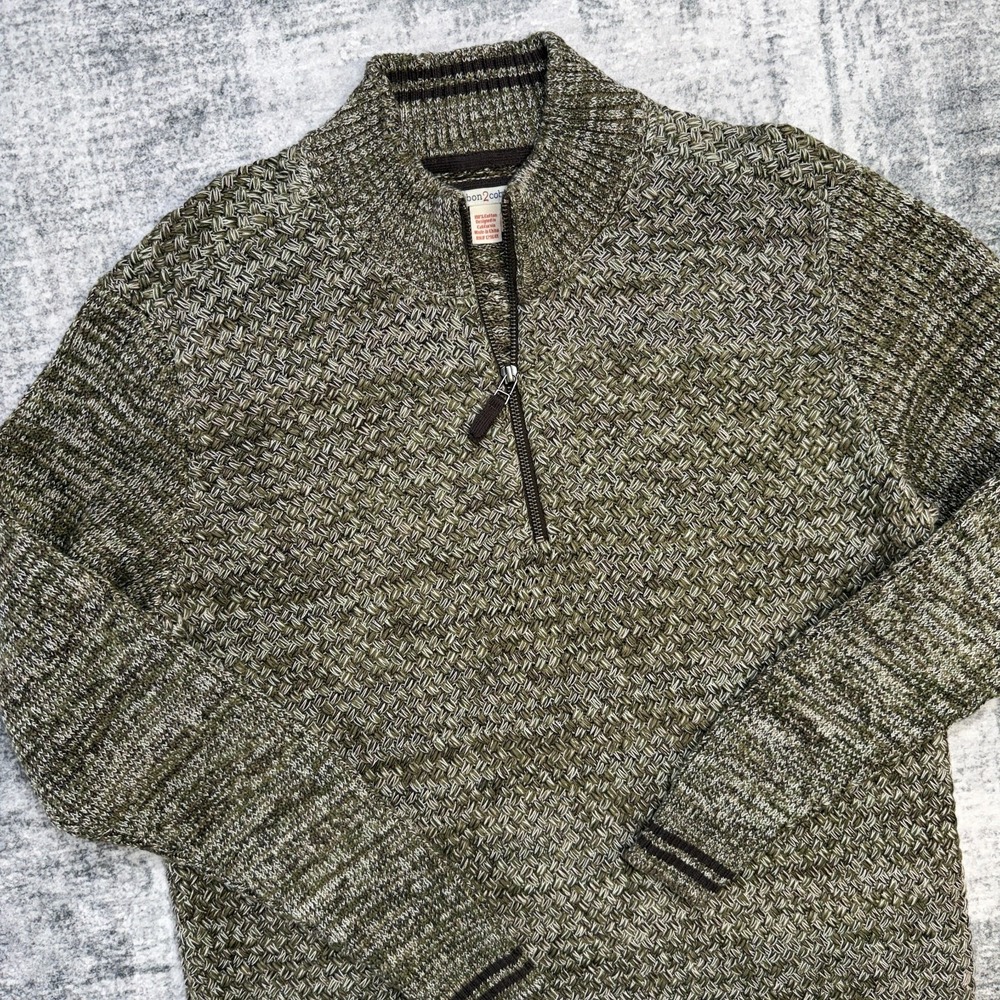 Carbon 2 Cobalt Sweater Mens Large Ivy Green 1/4 Zip Basketweave Knit‎ Fisherman